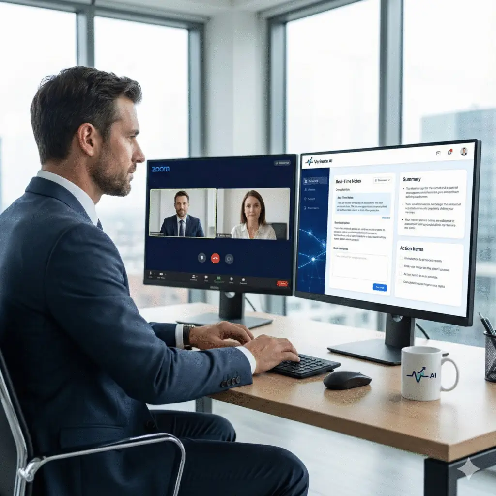 Financial advisor using AI note taker for financial advisors in video meeting with automatic summary appearing in real-time