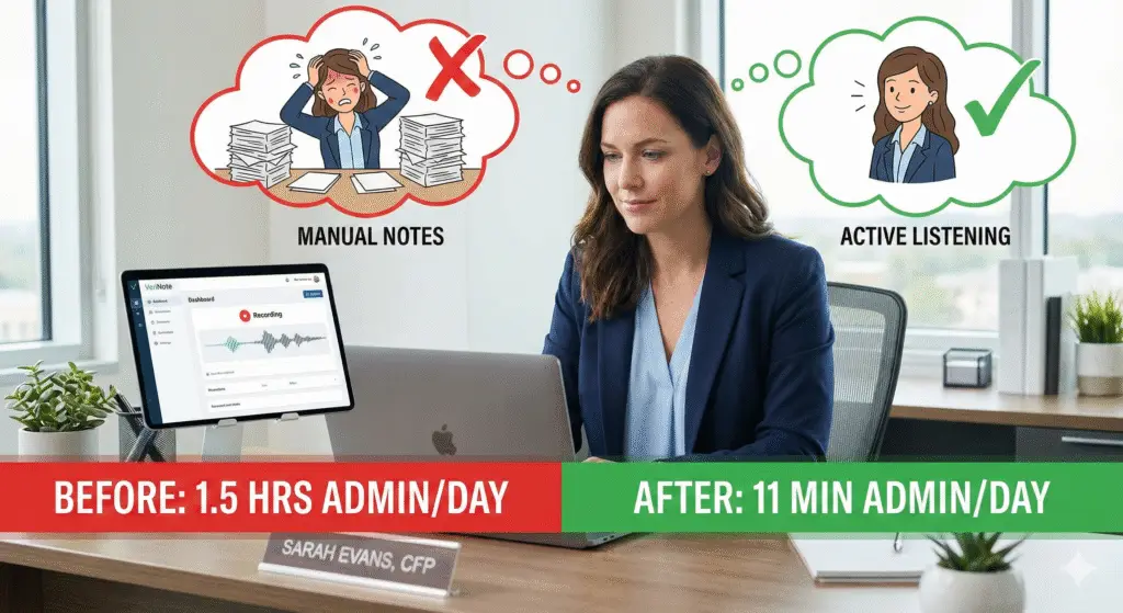Financial advisor Sarah using an AI meeting assistant to replace manual Salesforce meeting notes