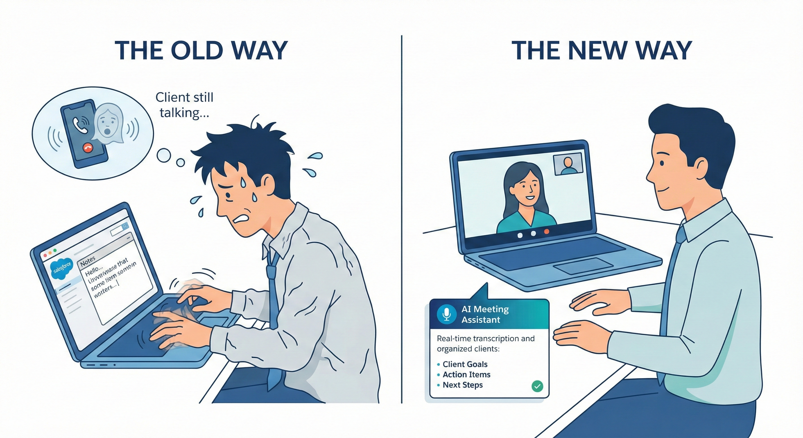 Comparison of advisor manually typing Salesforce notes versus using an AI meeting assistant that captures notes automatically