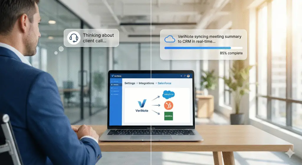 Financial advisor using VeriNote CRM integration setup to automatically sync meeting notes to Salesforce and HubSpot