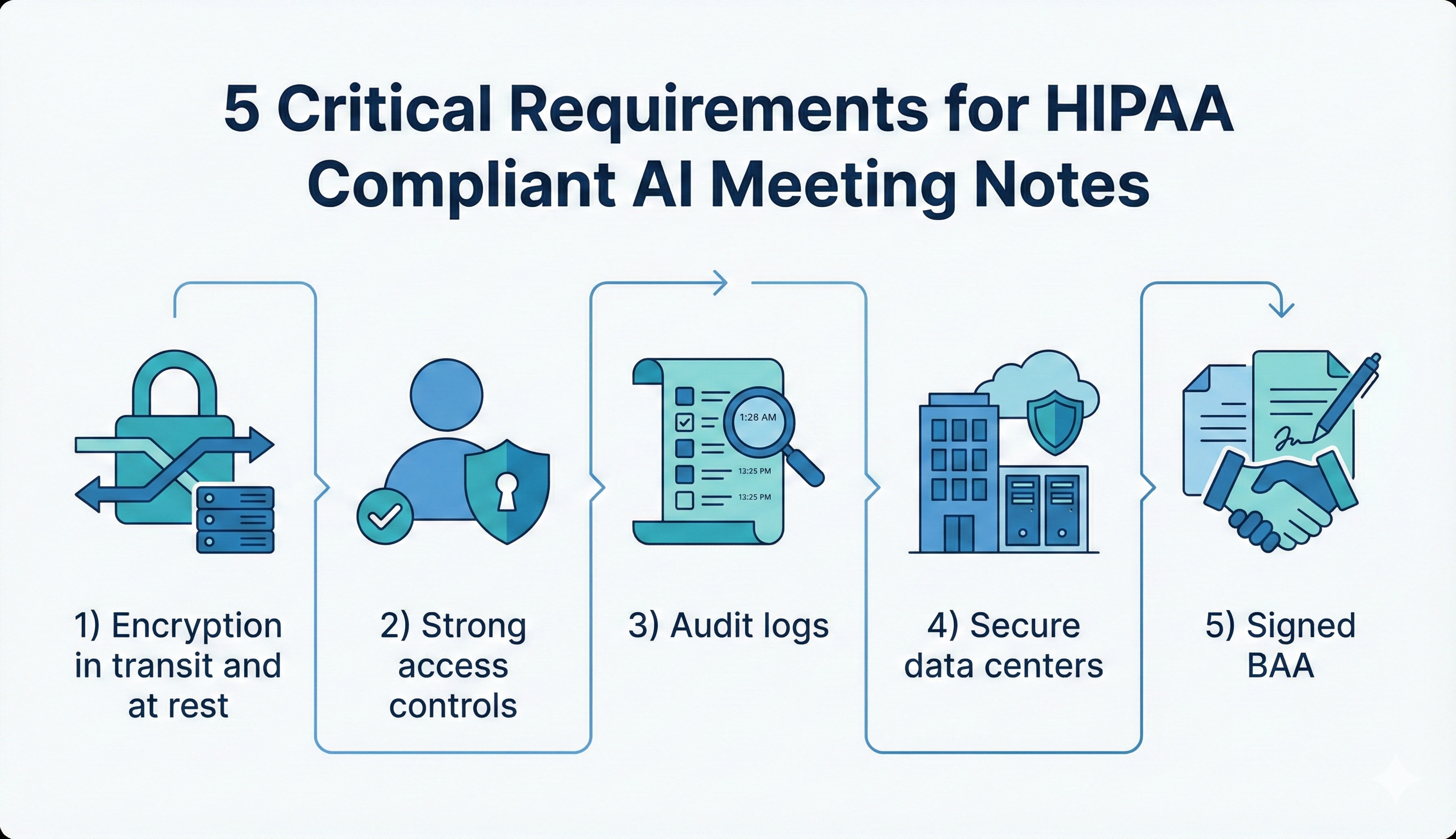 Infographic showing five requirements for HIPAA compliant AI meeting notes including encryption, access controls, audit logs, secure data centers, and a signed BAA