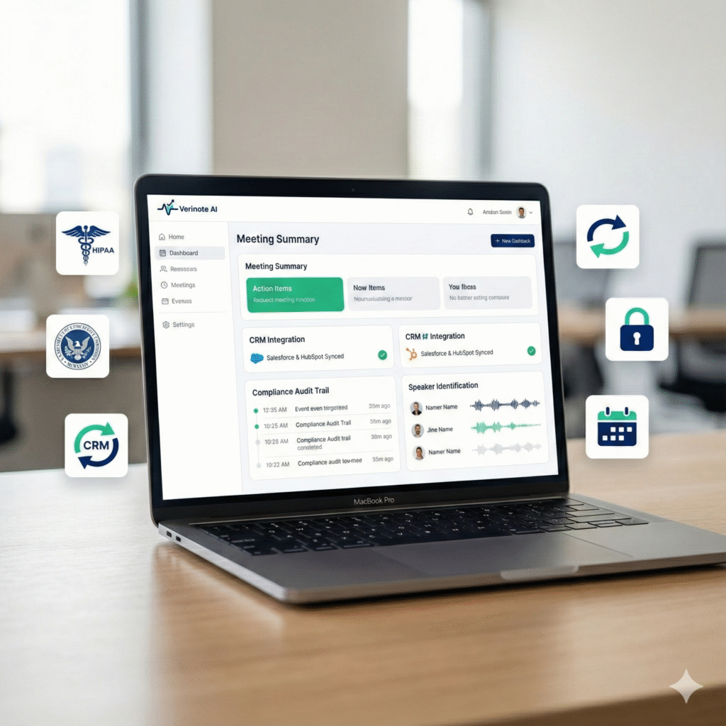 VeriNote AI dashboard for financial advisors showing meeting summary, CRM 
integration sync status, compliance audit trail with timestamps, speaker 
identification, and action items automatically extracted from meeting