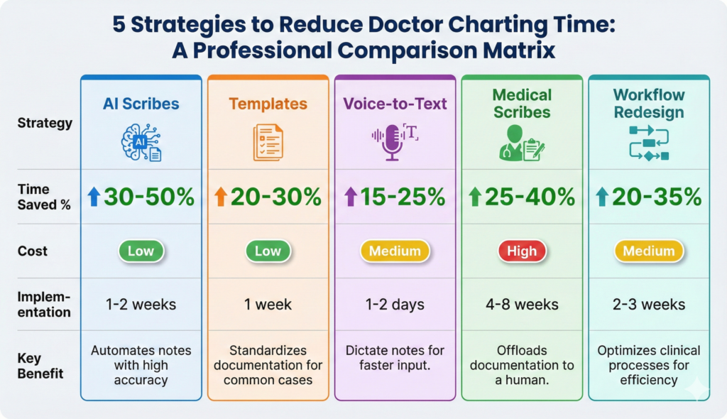 Comparison chart of 5 strategies to reduce doctor charting time: AI scribes, templates, voice-to-text, medical scribes, and workflow redesign with time savings percentages and costs
