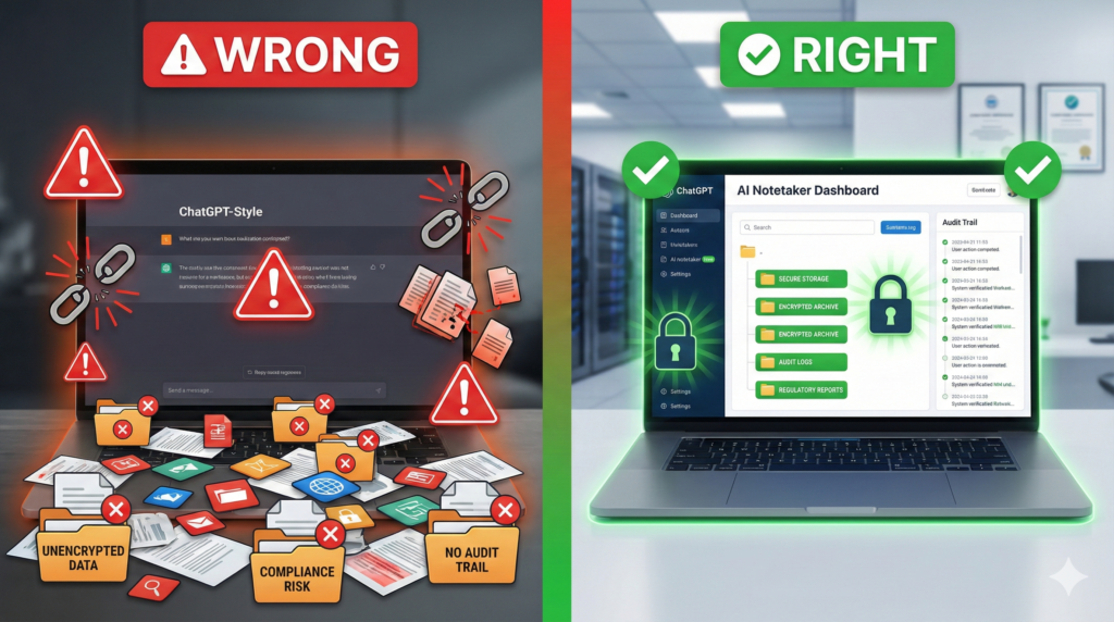 Comparison showing wrong vs right AI notetaker compliance approach for wealth advisors in 2026