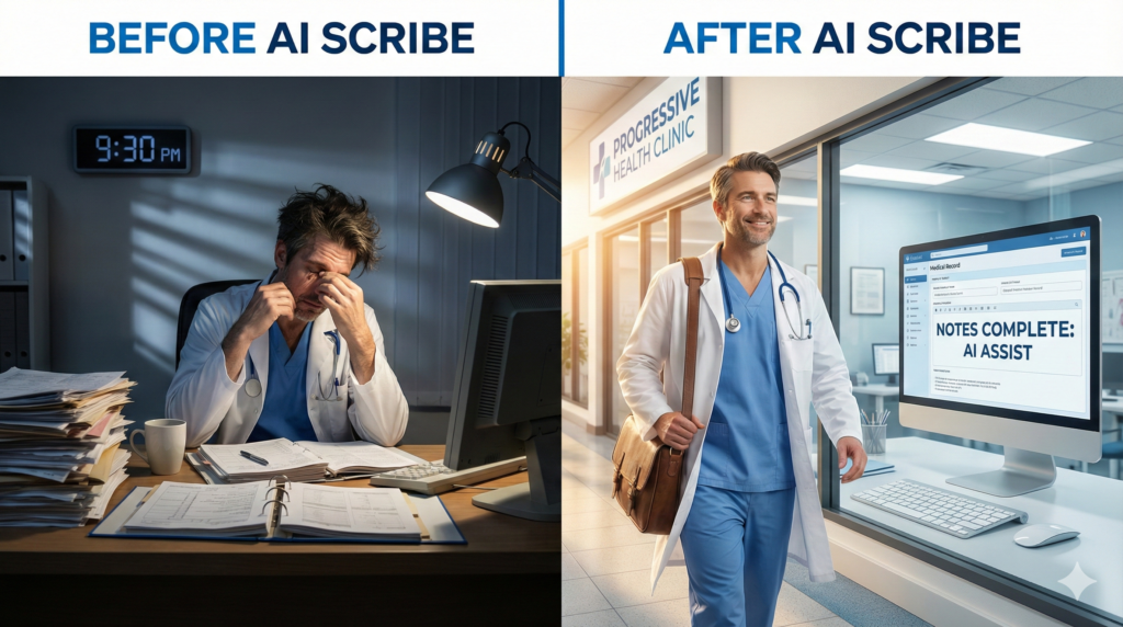 Before and after comparison showing doctor staying late to finish charts versus leaving on time after adopting AI medical scribe