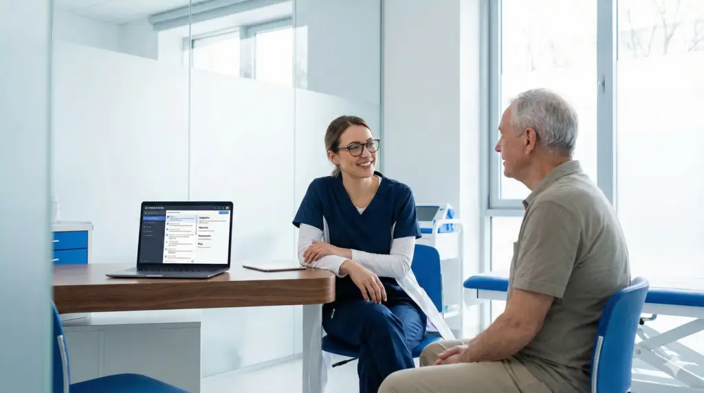 Doctor using AI medical scribe during patient visit to generate clinical note and reduce documentation time in 2026
