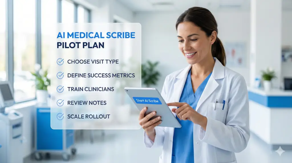 An AI medical scribe for doctors pilot using a checklist to choose visit type, measure documentation time, and scale safely