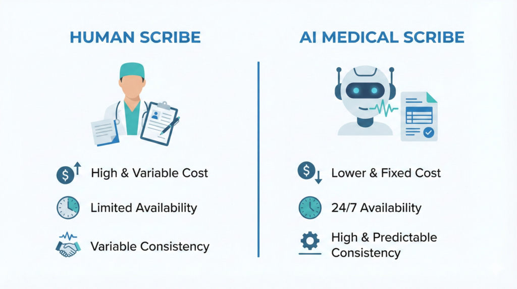 Infographic comparing human medical scribe and AI medical scribe across cost, availability, and consistency