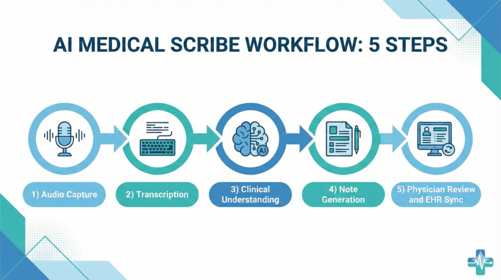 Diagram showing AI medical scribe workflow from audio capture and transcription to clinical understanding, note generation, and EHR integration