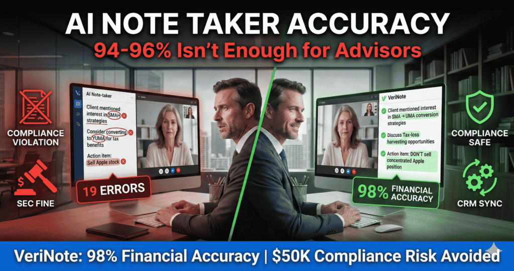 AI note taker accuracy for financial advisors: Generic AI shows 19 errors (94-96% accuracy) vs VeriNote 98% financial accuracy preventing $50K compliance violations