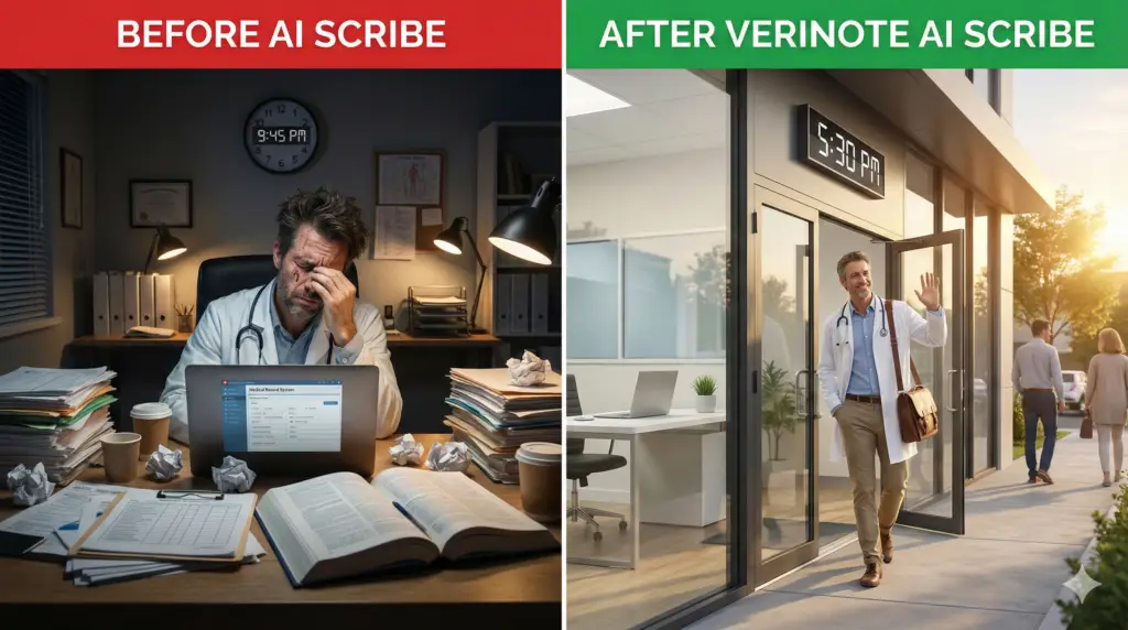 Before and after comparison showing doctor staying late to finish charts versus leaving on time after using VeriNote AI scribe for charting automation