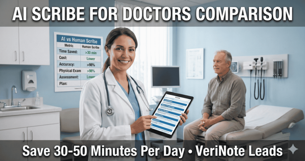 AI scribe for doctors comparison: Physician using tablet with structured clinical note interface during patient visit, showing time savings and efficiency