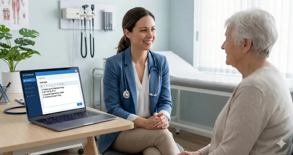 Doctor using VeriNote AI scribe during patient visit maintaining eye contact while AI automatically generates medical note in real-time