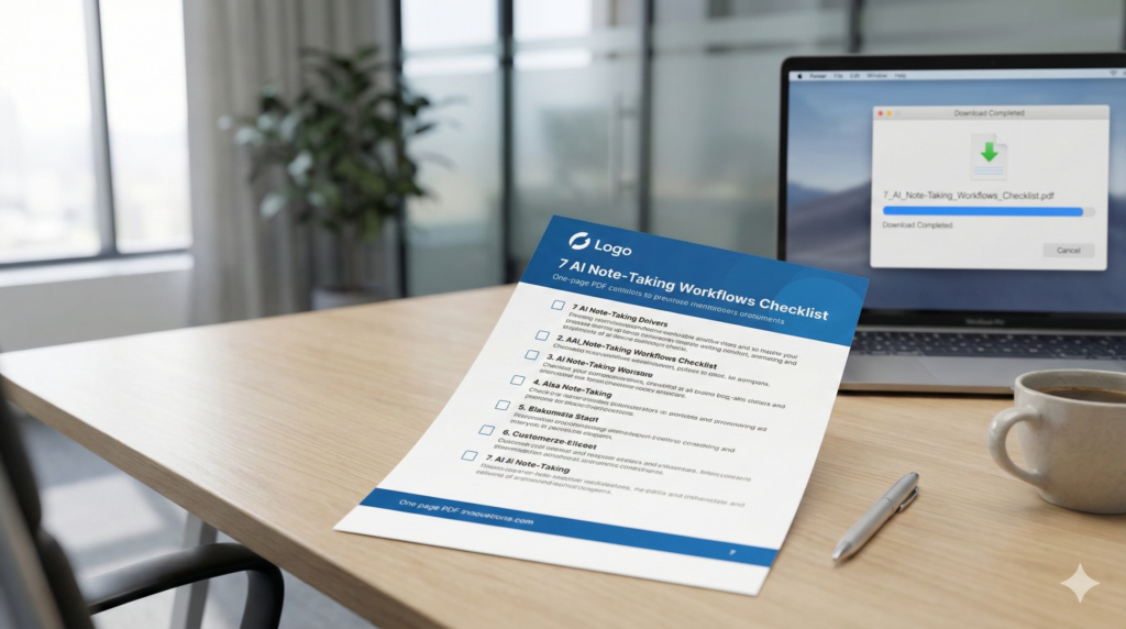 PDF mockup of 7 AI note taking workflows checklist for financial advisors in 2026