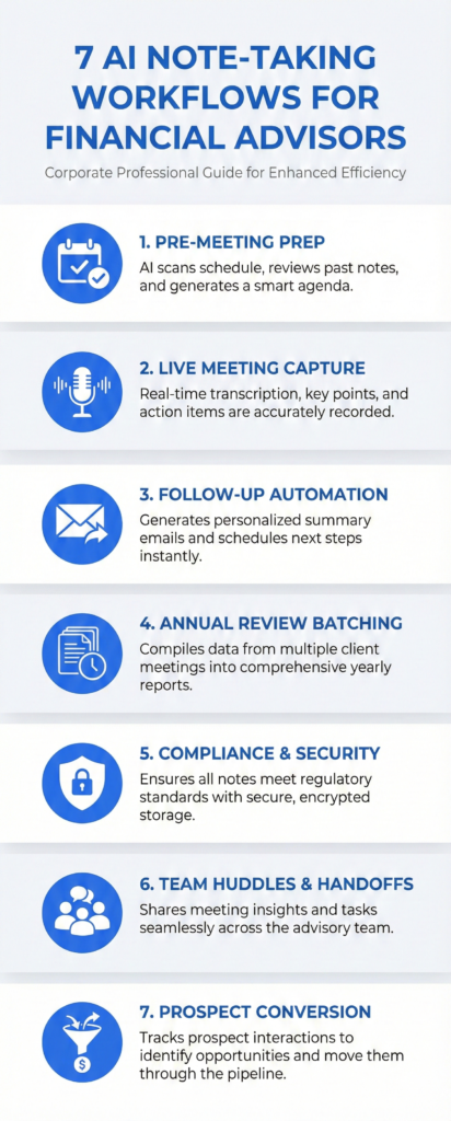 7 AI note taking workflows infographic for financial advisors showing time saving automation processes in client meetings for 2026
