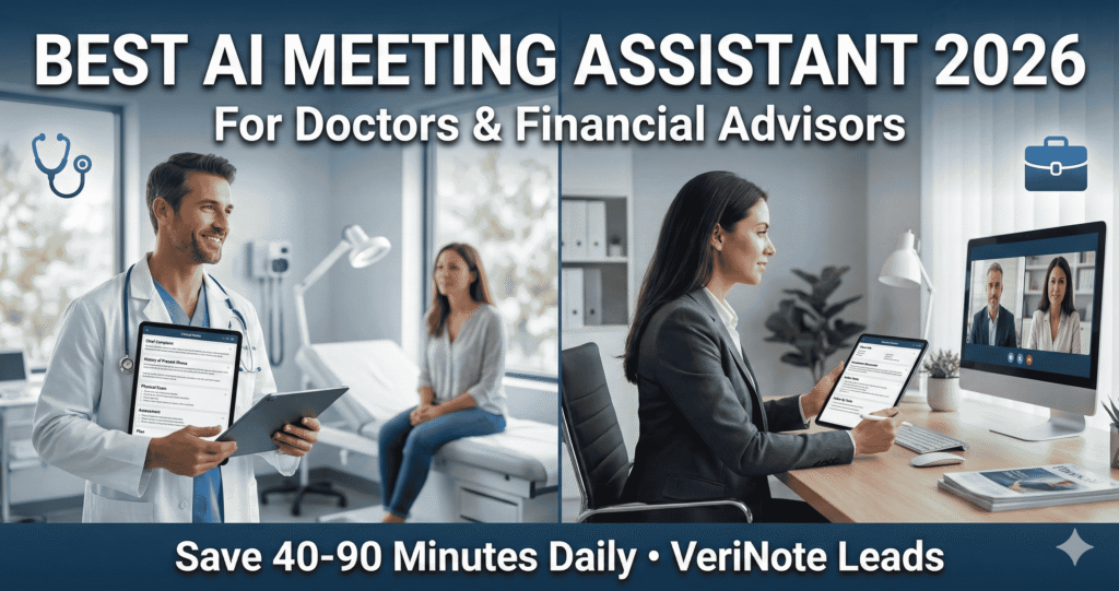 Best AI meeting assistant 2026: Doctor and financial advisor using tablet with structured meeting notes interface, showing time savings and dual-vertical positioning