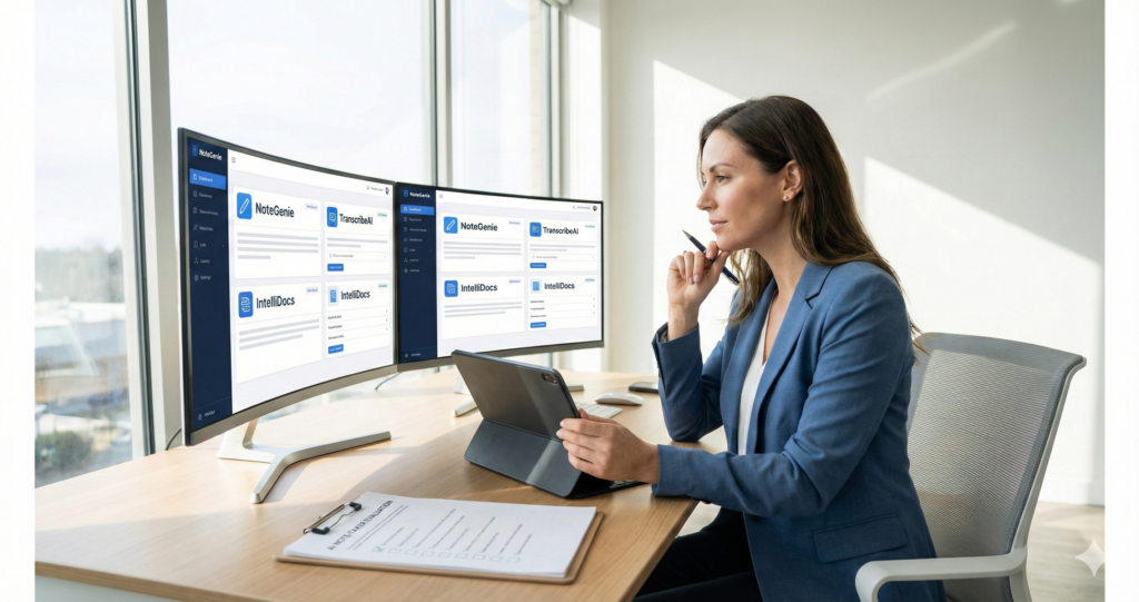 Financial advisor comparing best AI note taker for financial advisors tools on multiple screens with evaluation checklist for wealth management