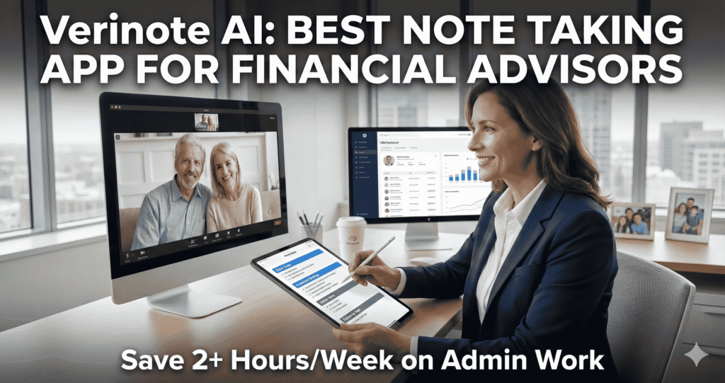 Best note taking app for financial advisors: Advisor during client meeting using tablet with structured note-taking interface, CRM auto-population, and workflow automation