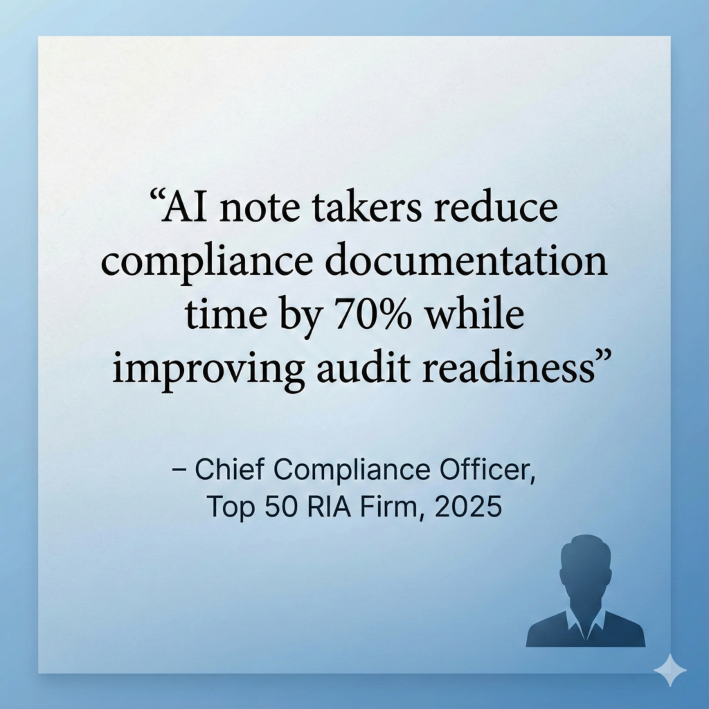 Compliance officer quote about AI note takers reducing compliance documentation time by 70% for financial advisors in 2026