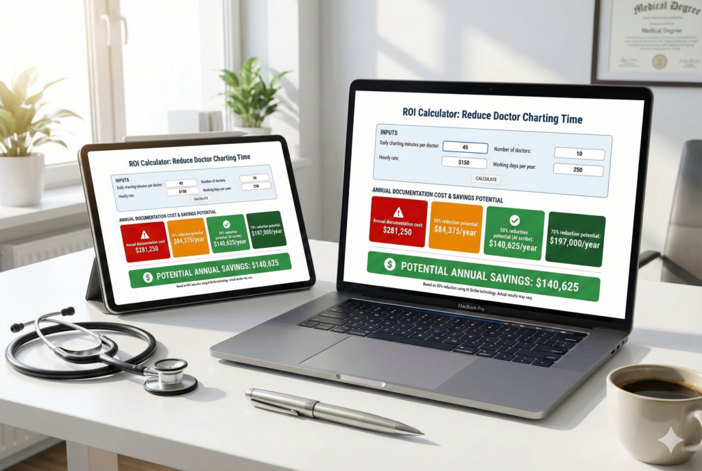 ROI calculator mockup for reducing doctor charting time showing annual cost of documentation burden and potential savings with different strategy implementations