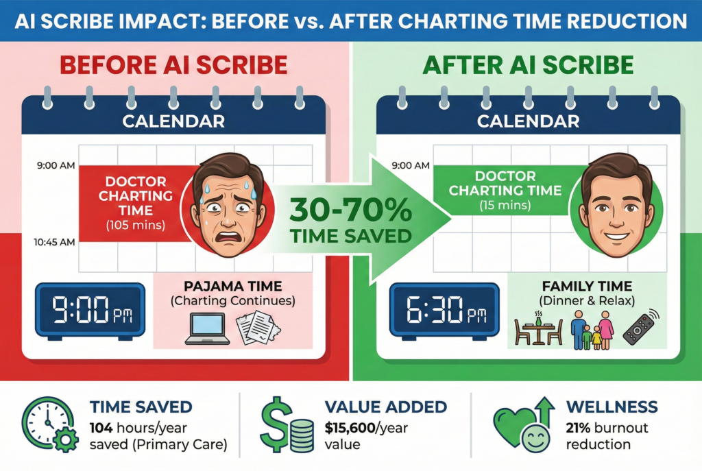 Before and after comparison showing doctor charting time reduction from 45 minutes to 15 minutes per day, saving 70% of documentation time