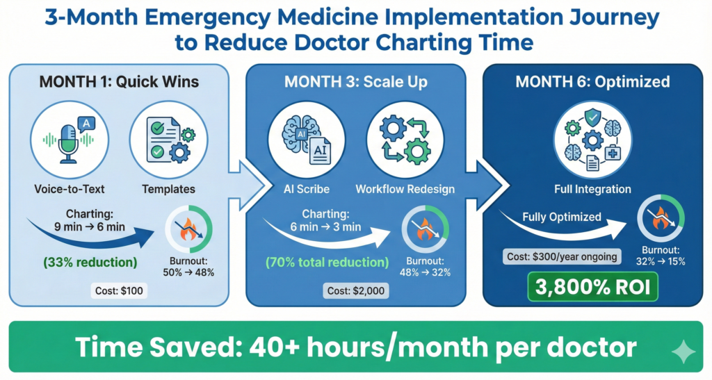 3-month implementation timeline for emergency medicine charting reduction showing progression from month 1 quick wins to full optimization with charting time reduction and ROI