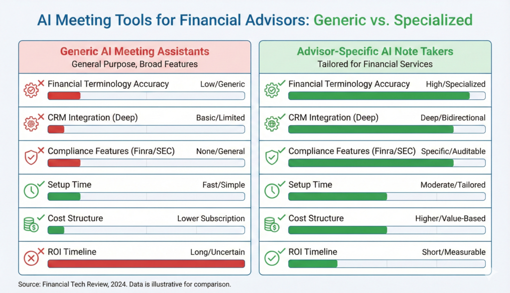 Comparison chart showing differences between generic AI meeting assistants and advisor-specific AI note takers for financial advisors