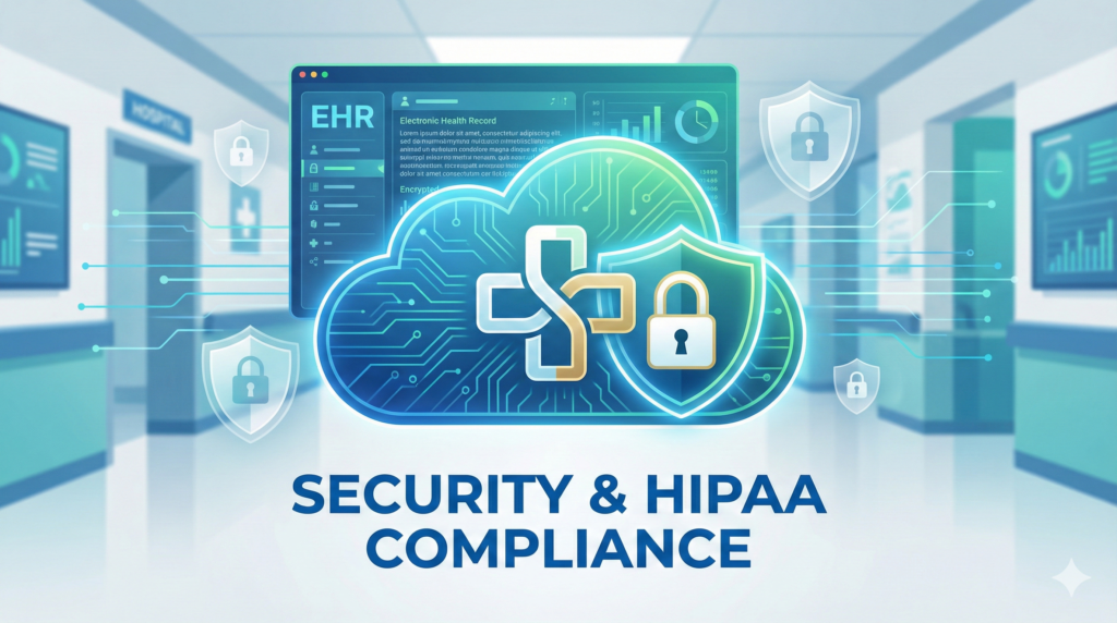 HIPAA compliant AI medical scribe security with encrypted cloud, shield, and EHR screen representing protected patient data
