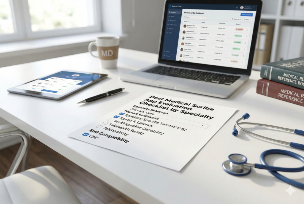 Mockup of medical scribe app evaluation checklist on desk showing specialty selection and feature evaluation criteria for choosing best medical scribe app