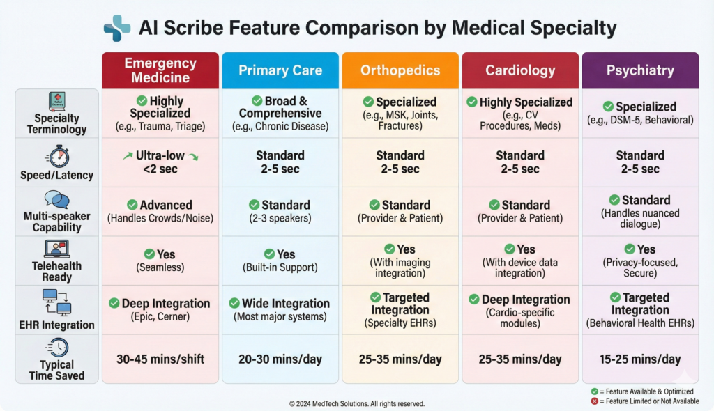 Comparison table showing best medical scribe app features across emergency medicine, primary care, orthopedics, cardiology, and psychiatry specialties