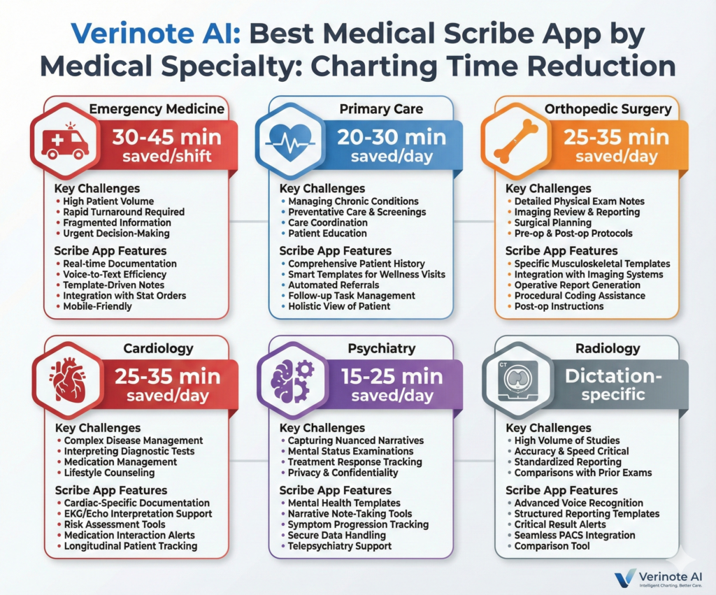 Infographic showing best medical scribe app for each medical specialty including emergency medicine, primary care, orthopedics, cardiology, psychiatry with charting time saved