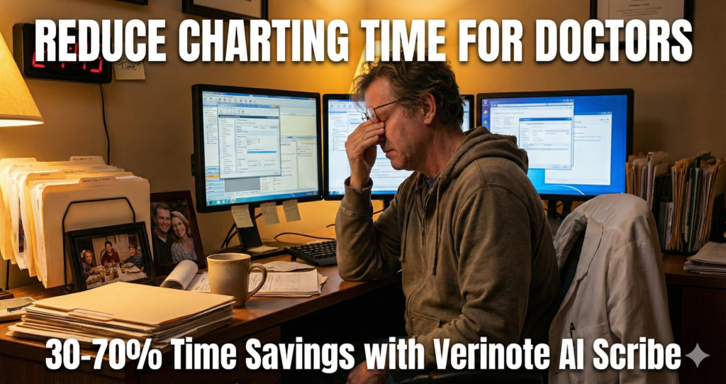 Reduce charting time for doctors: Overwhelmed physician working on medical charting late night during pajama time, showing documentation burden and burnout