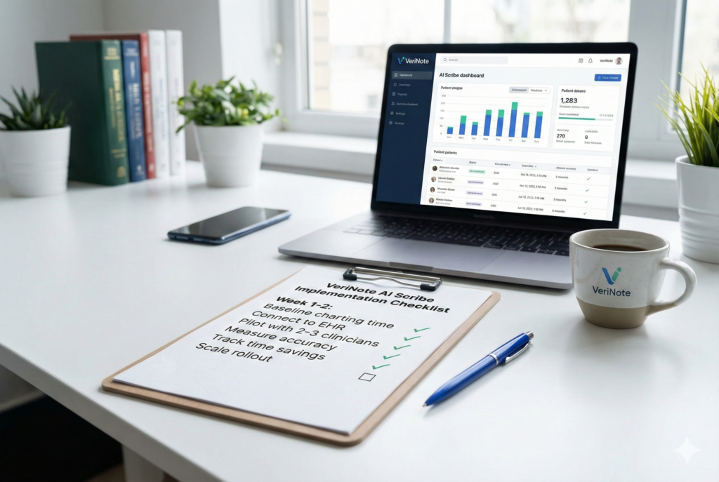 Mockup of VeriNote AI scribe for doctors implementation checklist on desk showing 3-week pilot plan from baseline measurement through clinical deployment for medical practices