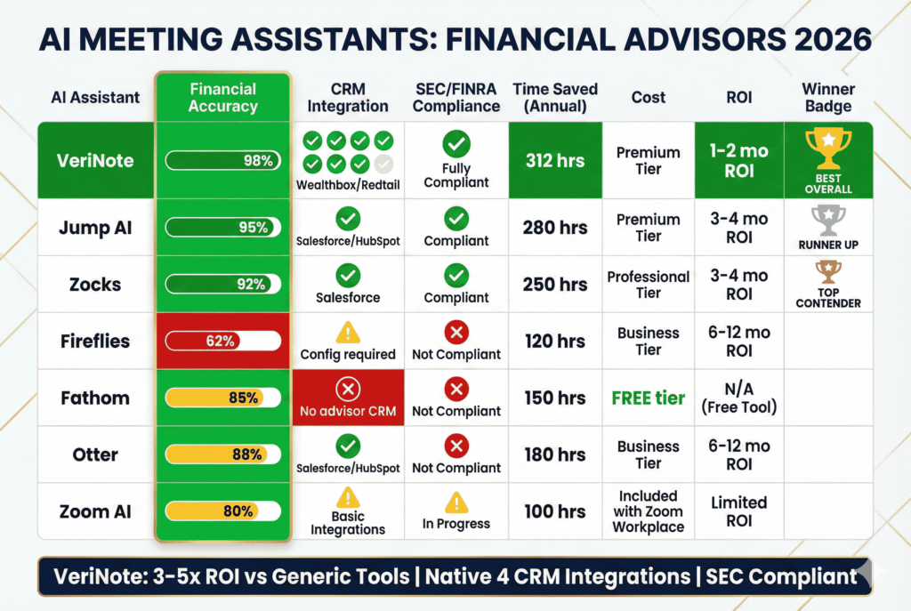 AI meeting assistant comparison for financial advisors 2026: VeriNote vs Fireflies vs Fathom CRM integration, compliance features, accuracy matrix