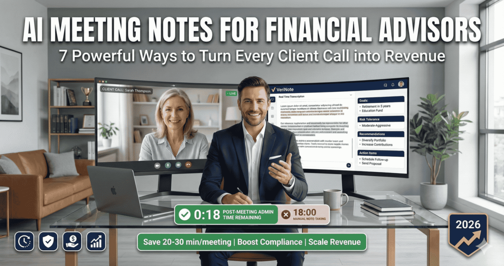 AI meeting notes for financial advisors: 7 powerful ways to turn client calls into revenue, showing advisor with real-time transcription and 20-30 min daily time savings