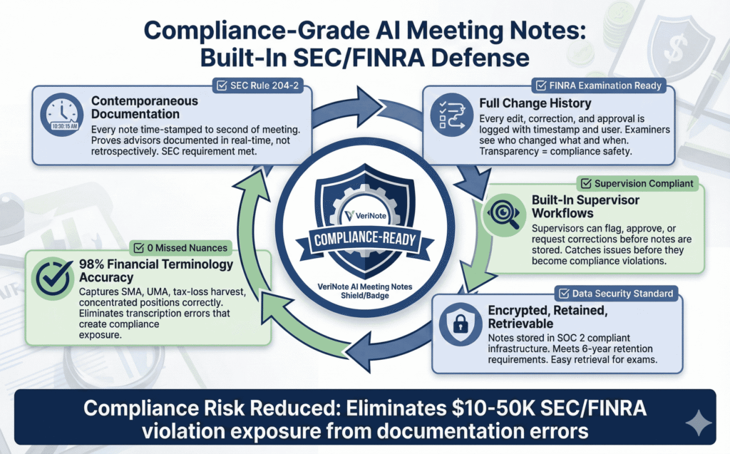 AI meeting notes compliance: Time-stamped records, audit trail, supervisor review, secure storage, 98% accuracy, SEC/FINRA ready documentation reducing $10-50K violation risk