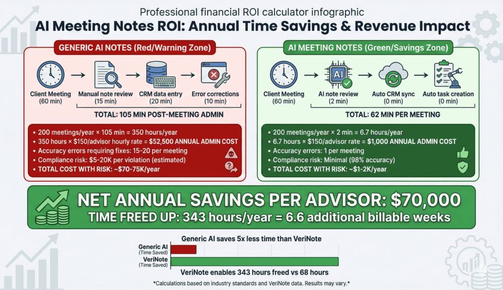 AI meeting notes ROI for financial advisors: Save 27-33 hours/year per advisor, reduce post-meeting admin from 105 minutes to 2 minutes, annual savings of $70K per advisor