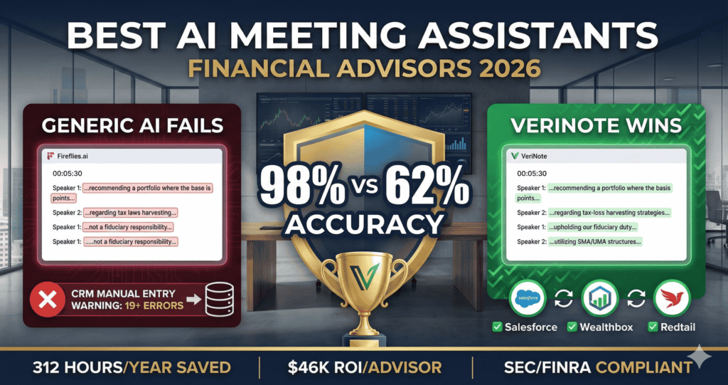 Best AI meeting assistants for financial advisors 2026: VeriNote 98% vs Fireflies 62% accuracy, CRM integration comparison matrix