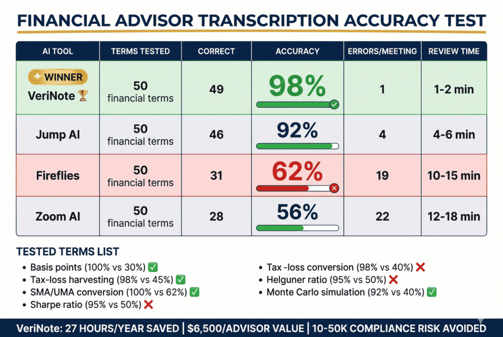 Financial advisor transcription accuracy comparison: VeriNote 98% vs Fireflies 62%, Jump AI 92% tested on basis points, tax-loss harvesting, SMA/UMA, Sharpe ratio