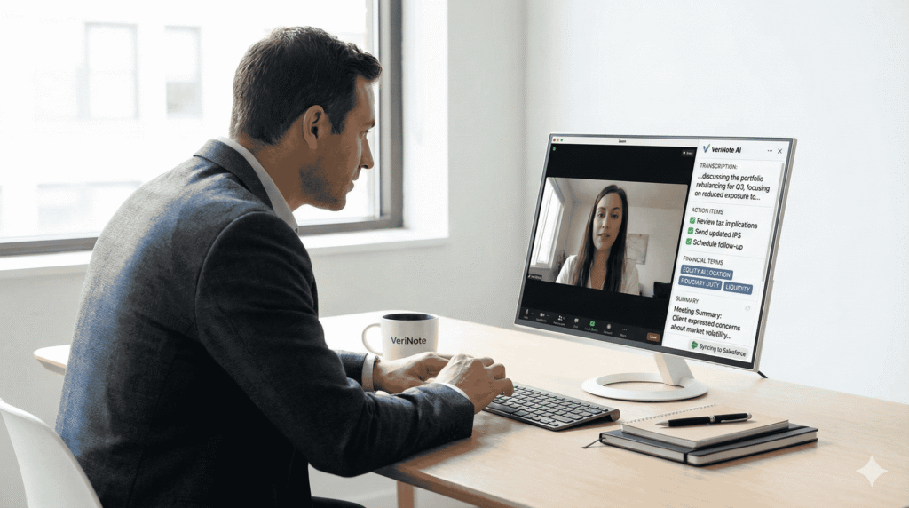 Financial advisor smiling during Zoom call with VeriNote AI meeting efficiency for financial advisors interface visible, showing real-time transcription, action items extraction, and Salesforce CRM sync on the right side of screen