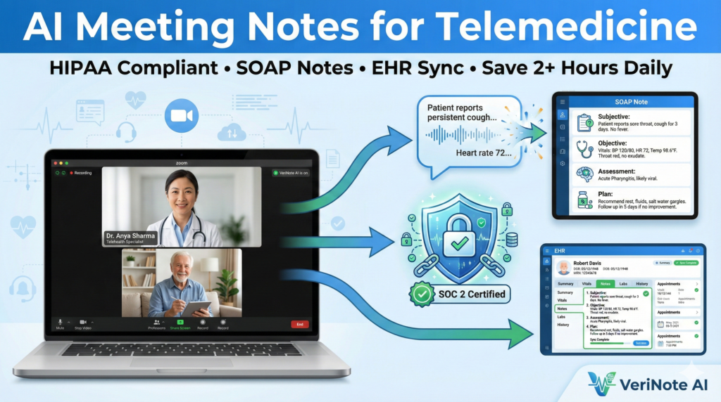 Infographic of VeriNote AI meeting notes for telemedicine workflow: Zoom doctor-patient call flows to HIPAA-compliant SOAP notes and EHR sync, saving doctors 2+ hours daily.
