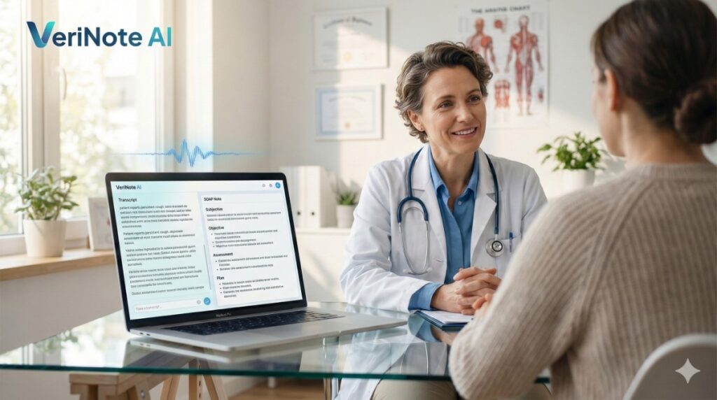 Doctor using VeriNote AI to generate clinical notes in real time, best AI note taker for doctors in 2026